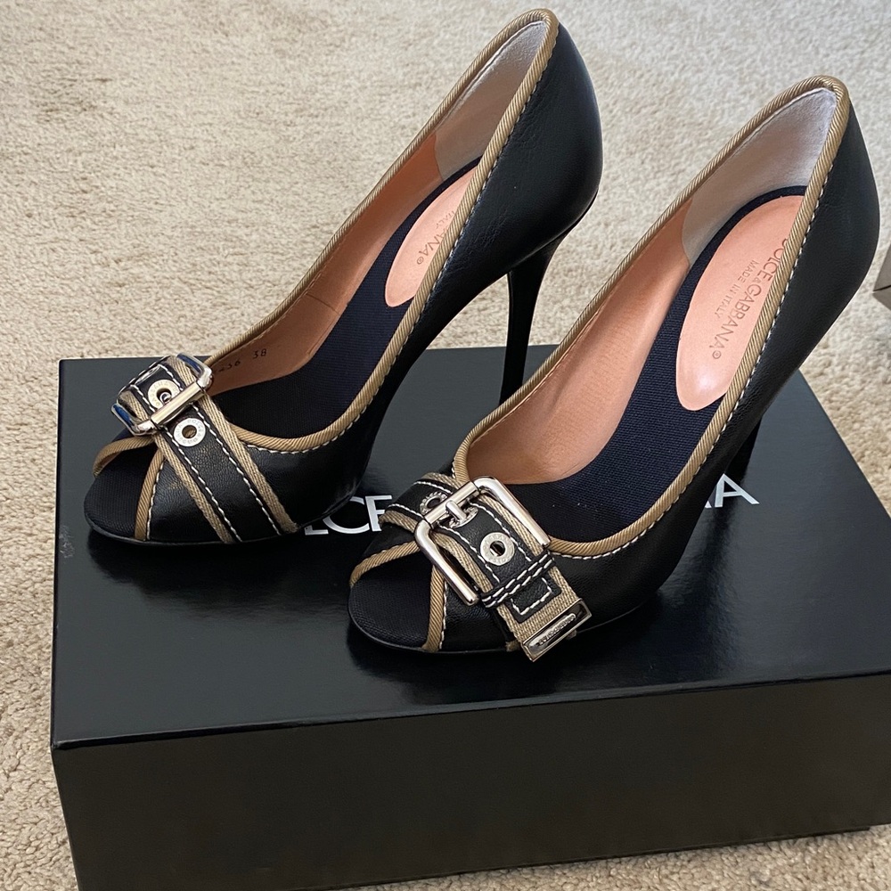 Dolce & Gabbana Brown and Tan Peep-Toe Buckle Pumps